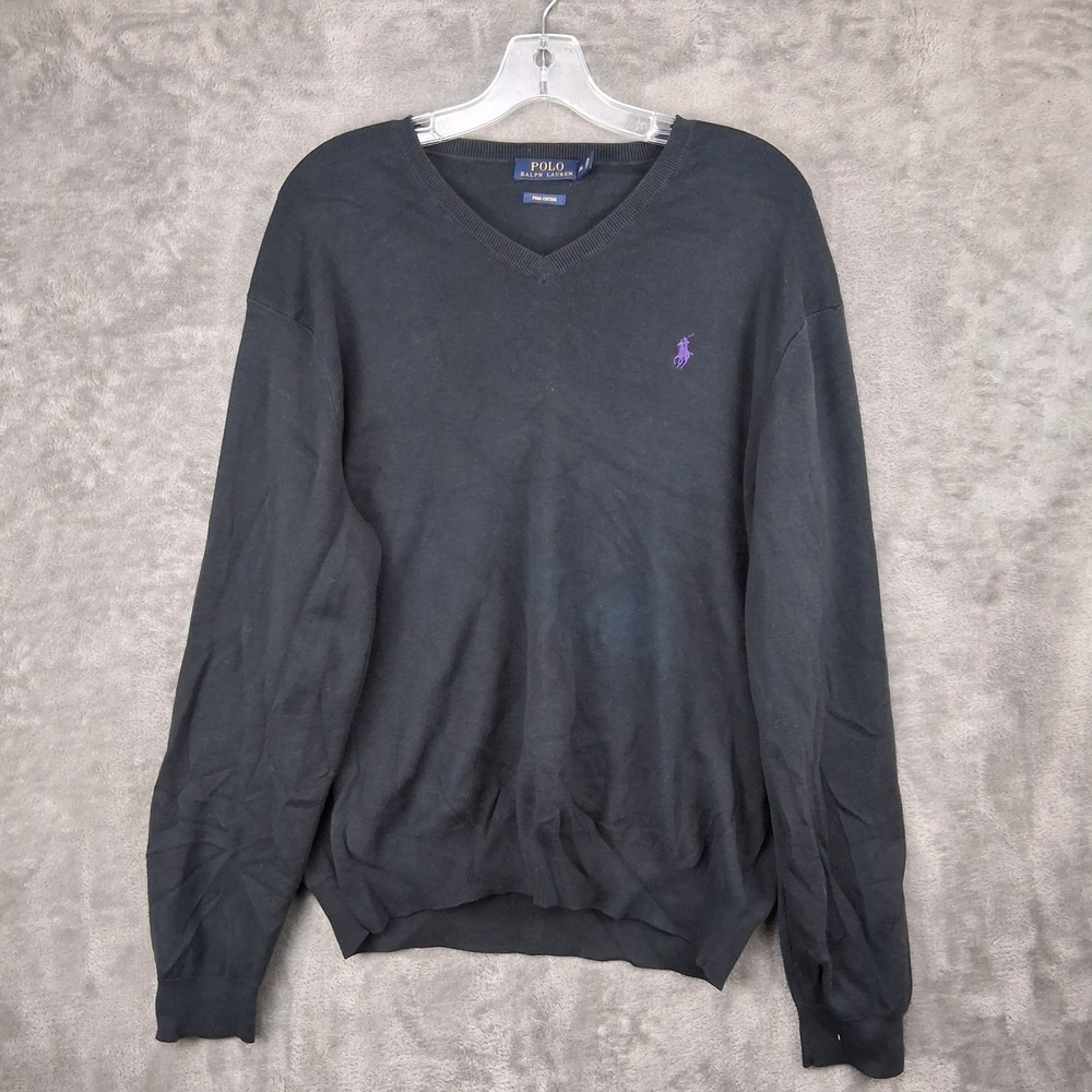 Polo Ralph Lauren V Neck Sweater Mens XL Black Pima Cotton Purple Pony Logo